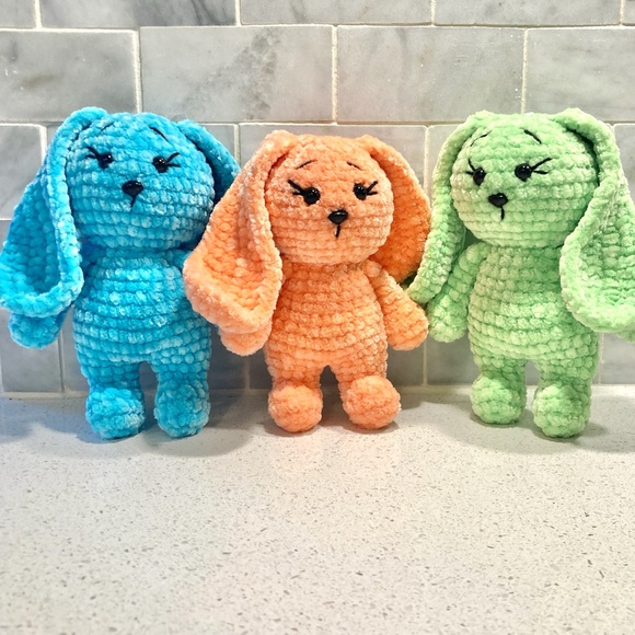 Hand Crafted crochet worried bunny rabbit chenille stuffed animal color AQUA - Picture 4 of 7